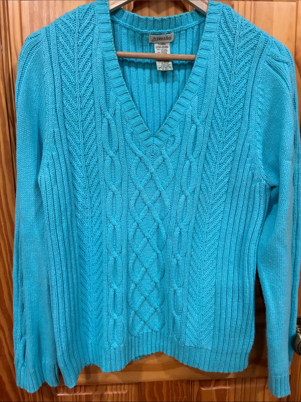 St. John's Bay Women's Cable Knit V-Neck Sweater - Turquoise Blue